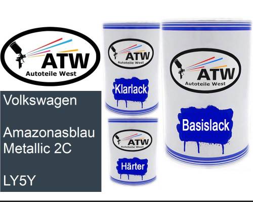 Volkswagen, Amazonasblau Metallic 2C, LY5Y: 500ml Lackdose + 500ml Klarlack + 250ml Härter - Set, von ATW Autoteile West.